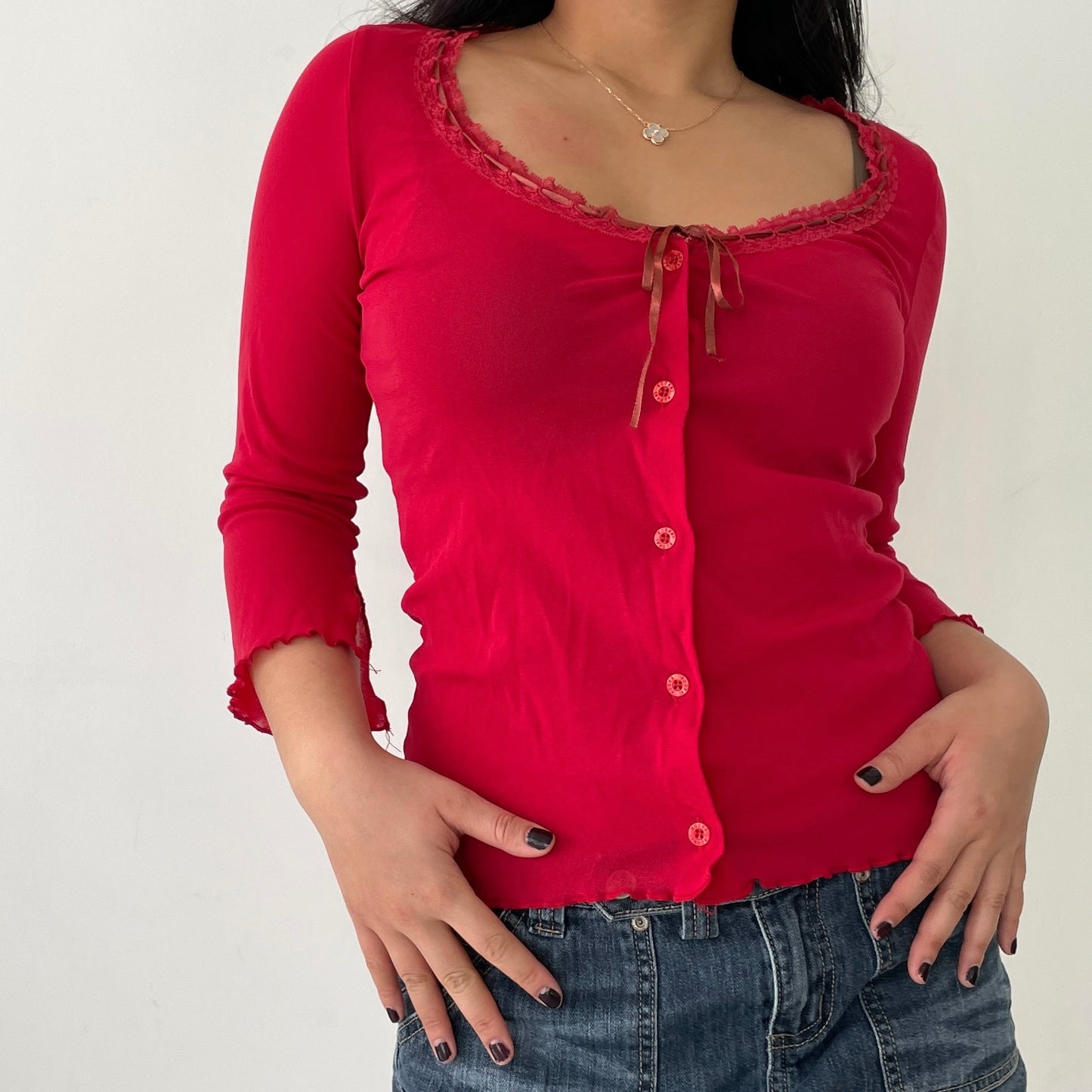 Kookaï Red Long Sleeve Button Up Mesh Top - Small/Medium