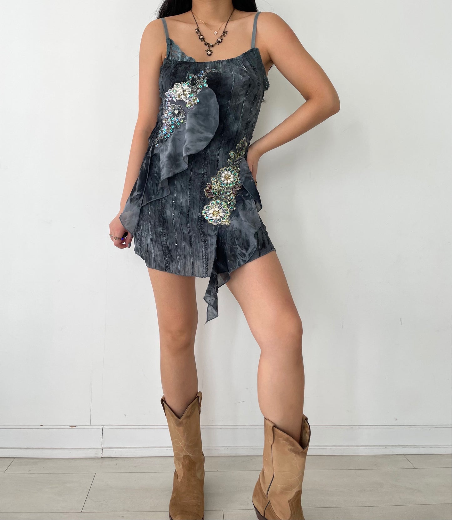 Pretty Angel Dark Blue Gradient Floral Embellished Silk Mini Dress