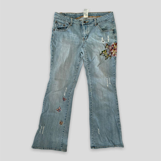 725 Originals Blue Flared Butterfly Embroidered Jeans - W34/L30