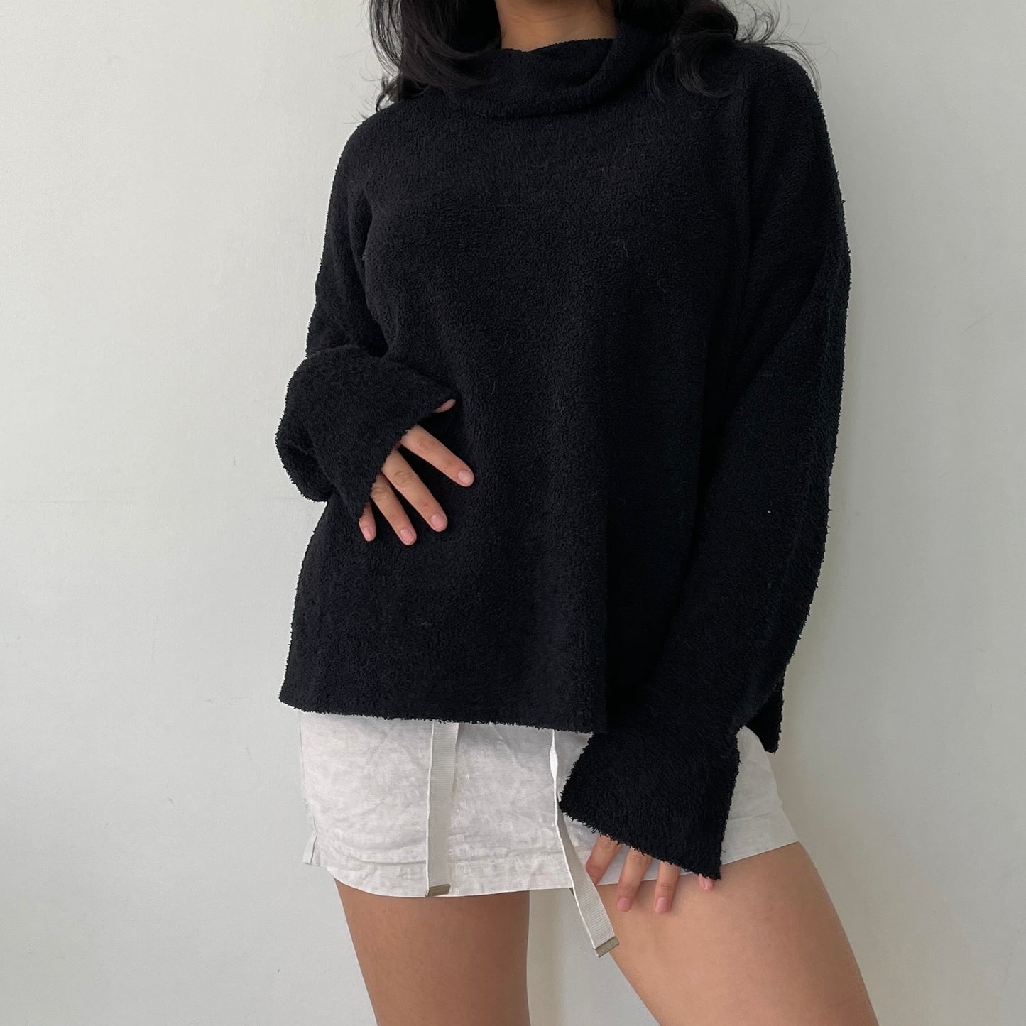 Black Long Sleeve Fuzzy Turtleneck Jumper - Small