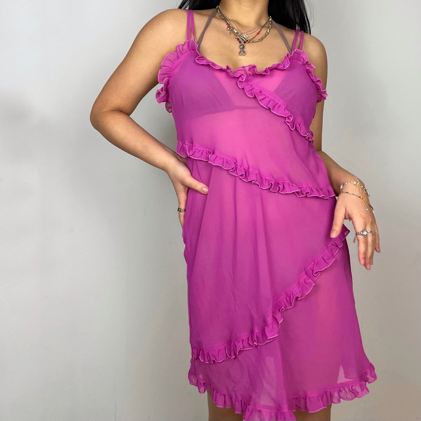 La Vie En Rose Pink Sheer Mini Ruffle Slip Dress - Medium