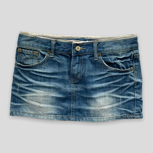 Lace Trim Mini Stone Wash Denim Skirt - Small