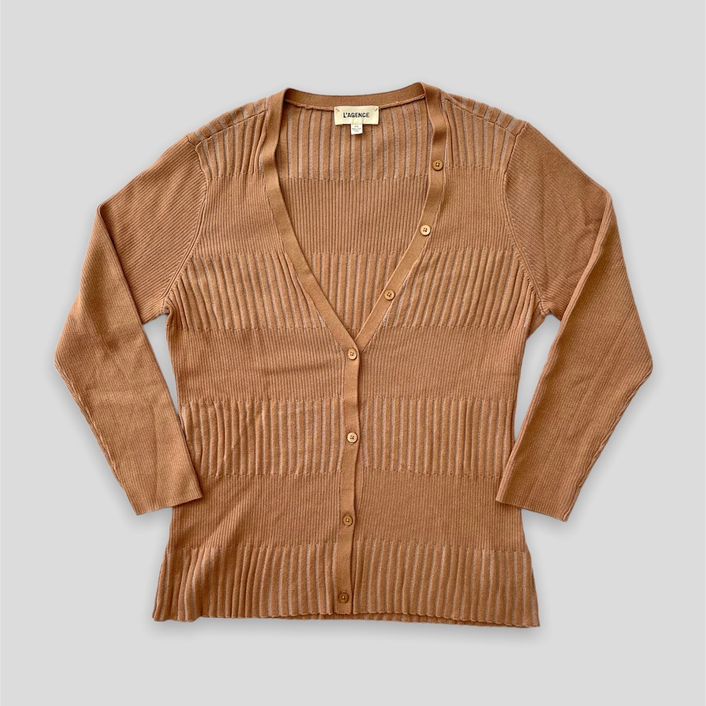 Tan L’Agence Ribbed V-Neck Cardigan