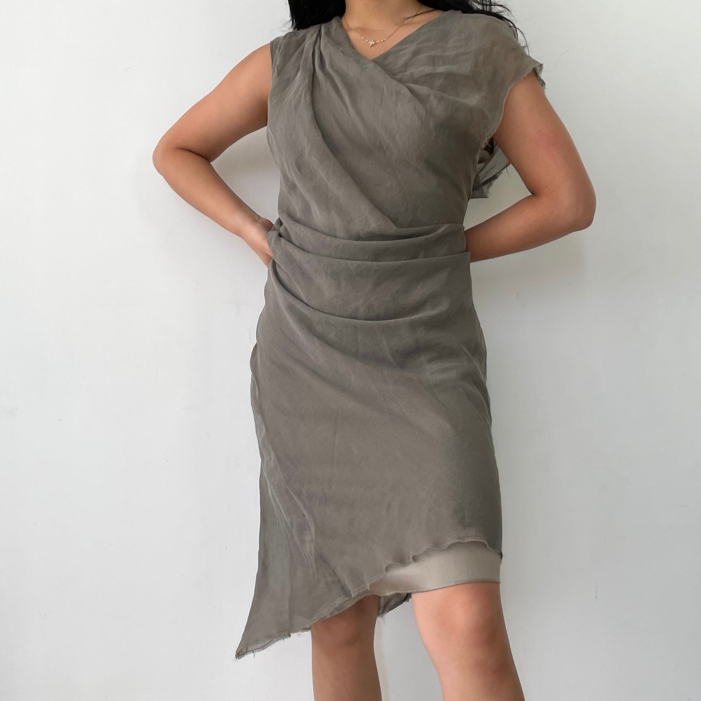 Helmut Lang Taupe Asymmetrical Ruched Silk Dress