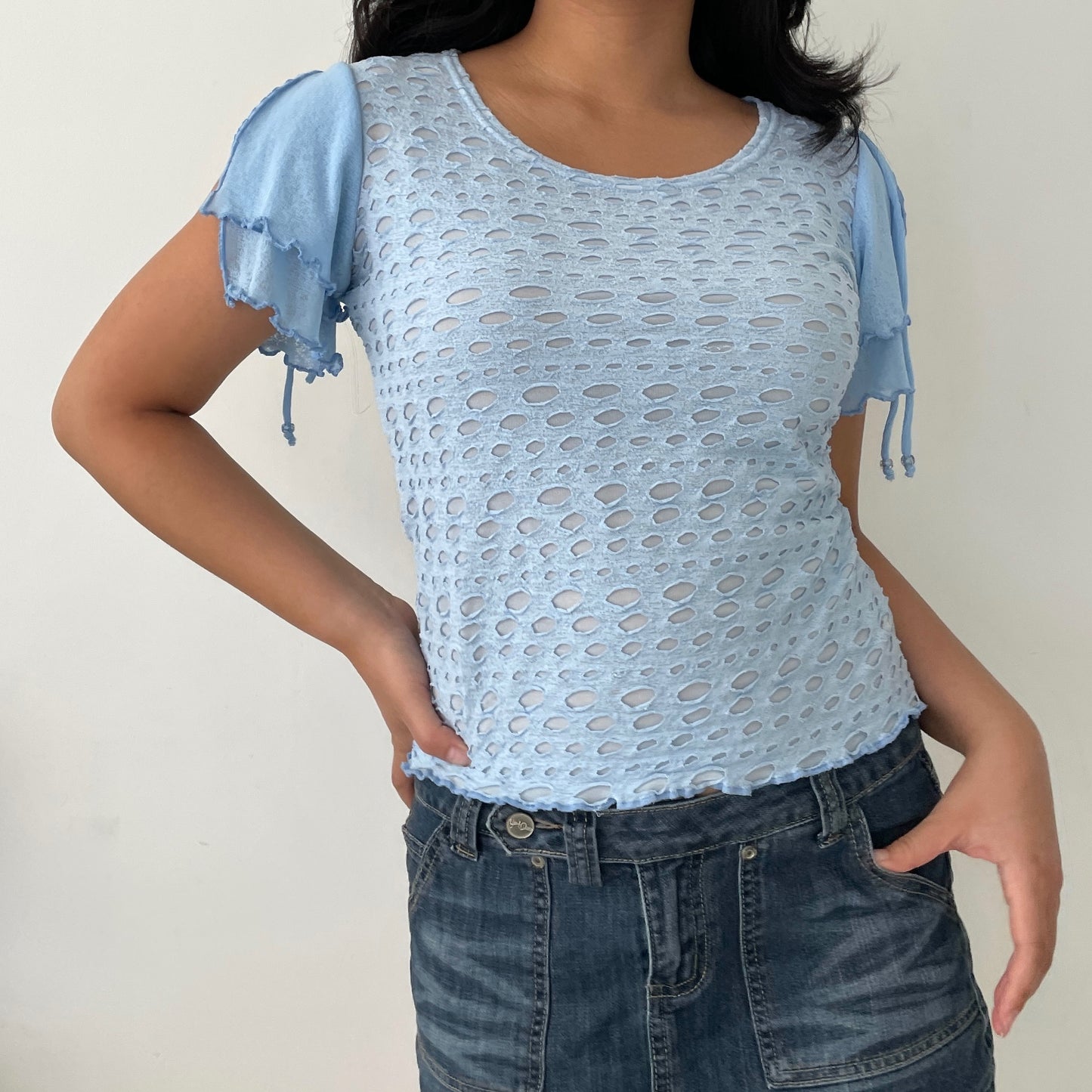 Light Blue Fairycore Ruffle Sleeve Textured Tee