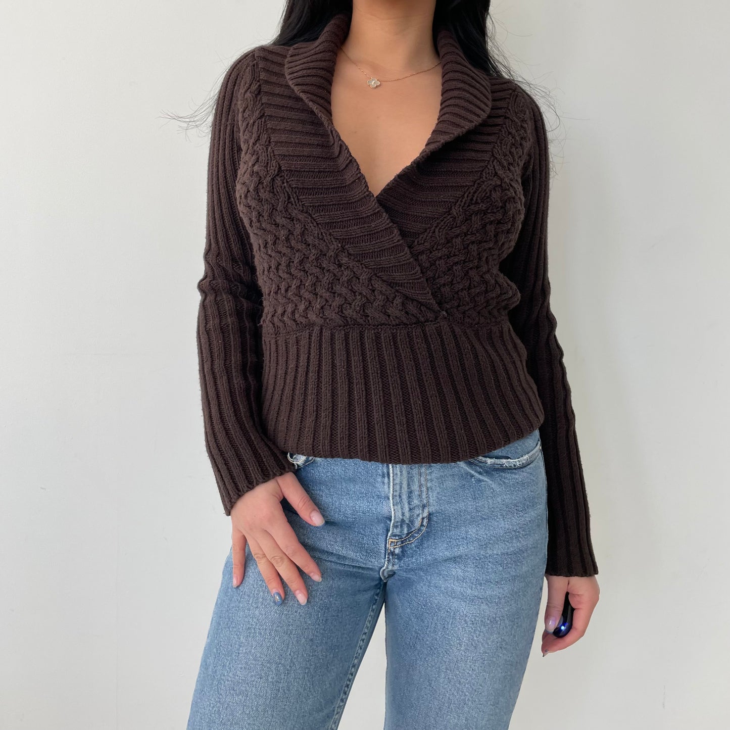 Chado Brown V-Neck Long Sleeve Cable Knit - Small