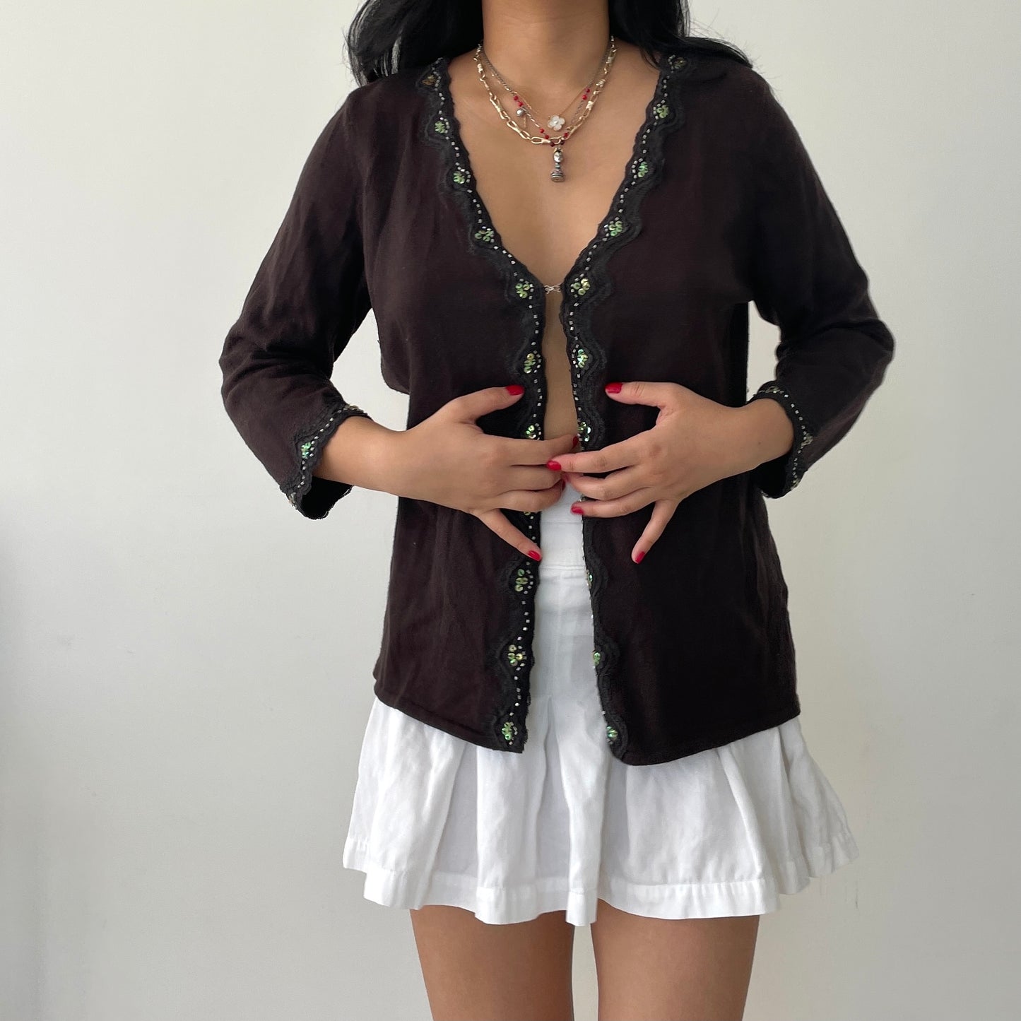 Brown Angora Blend Embroidered Hook-and-Eye V-Neck Cardigan